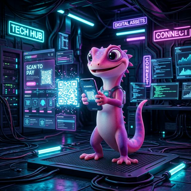 Mascota Gi integrando ecosistema digital con código QR